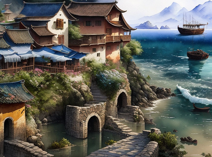 Coastal scene with traditional buildings, stone bridges, flowers, mountains, hazy sky