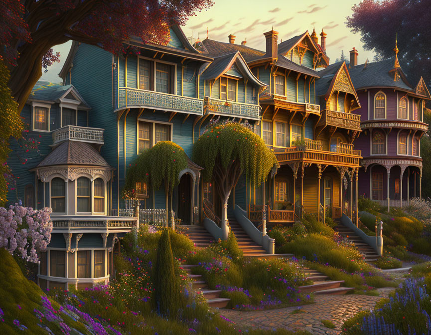 Victorian-style houses in lush garden setting at dusk with warm glowing light.
