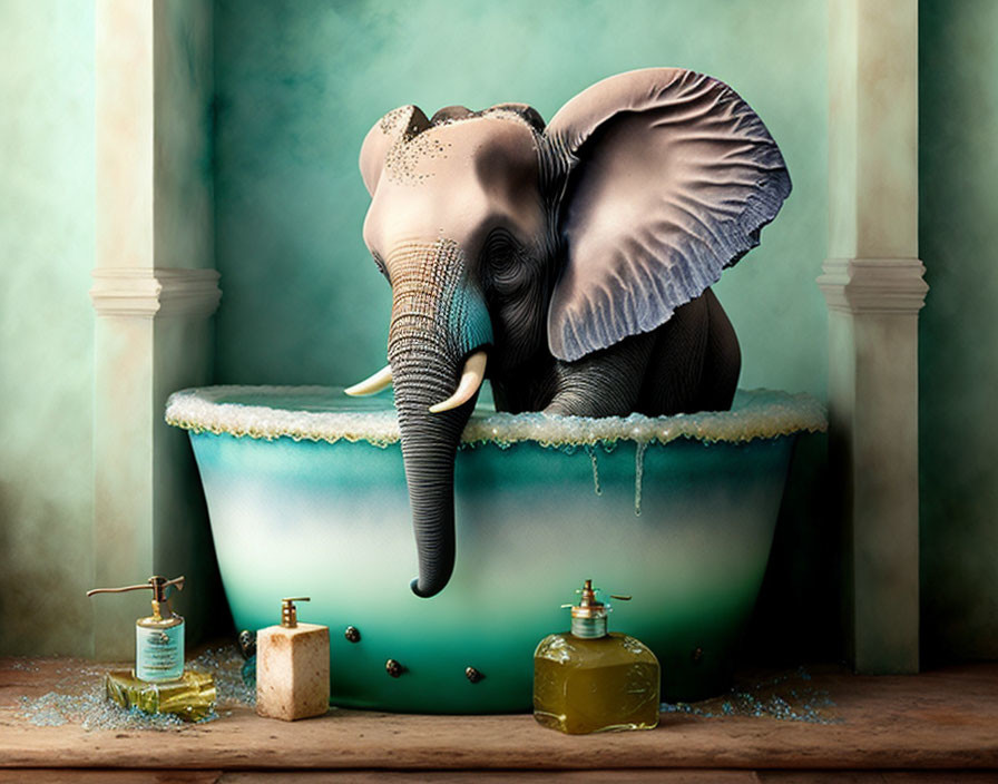 Elephant in Bubble Bath with Soap Dispensers and Bubbles on Tiled Floor