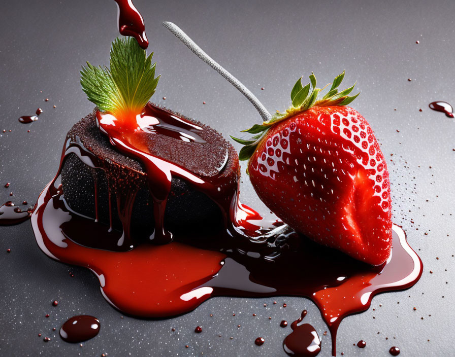 Decadent chocolate dessert with glossy sauce and ripe strawberry on dark textured surface