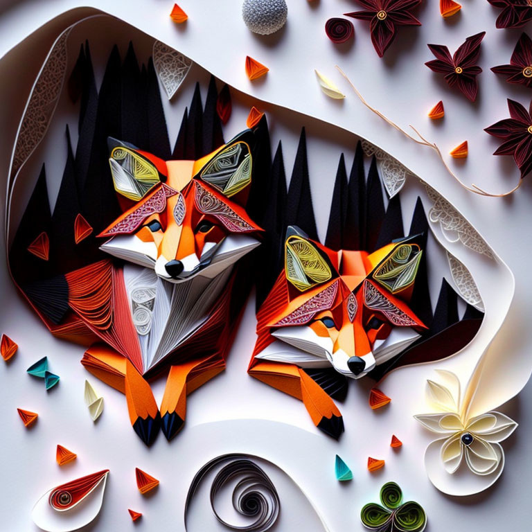 Detailed Paper Art of Stylized Foxes with Multicolored Designs