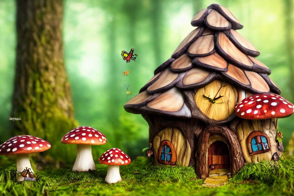 Fantasy mushroom house in whimsical forest with red-capped mushrooms, lush greenery, and butterfly
