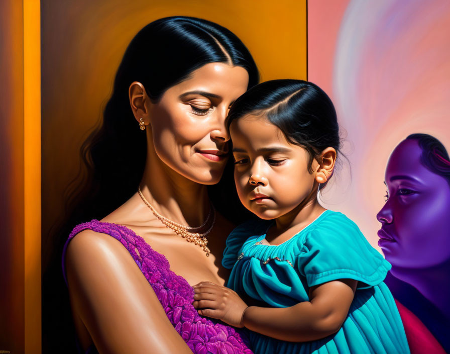 Serene woman embracing child in purple and blue dresses, warm color palette