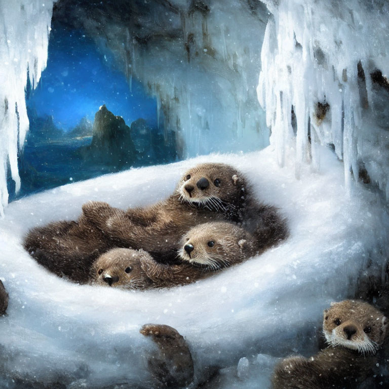 Four Otters Snuggle in Snowy Cave with Icicles