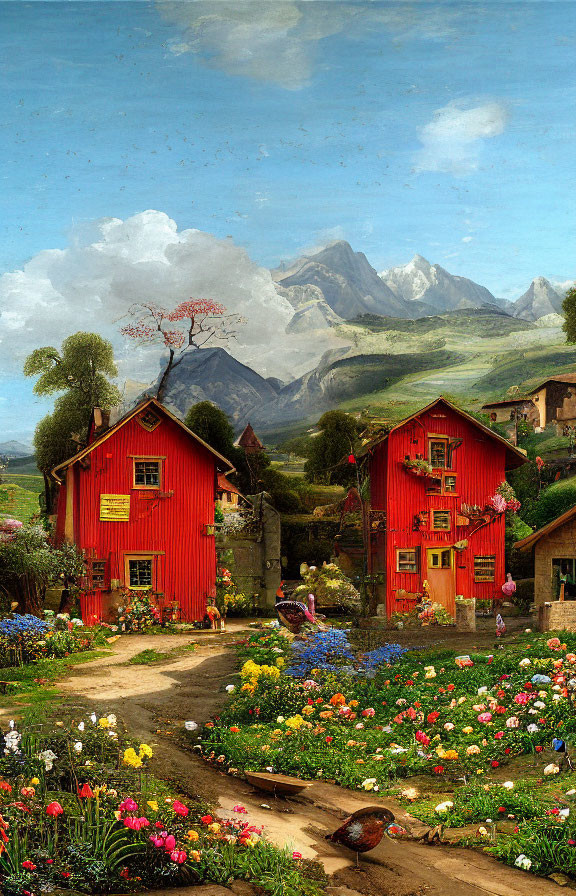 Colorful landscape with red houses, floral gardens, mountains, and daily life scenes