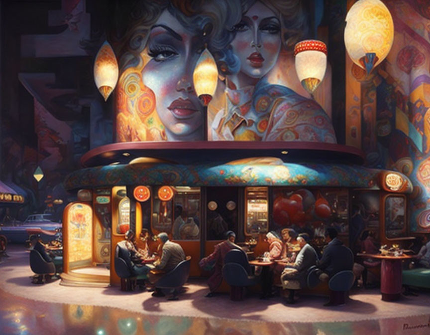 Colorful painting of retro diner with mural of woman's face