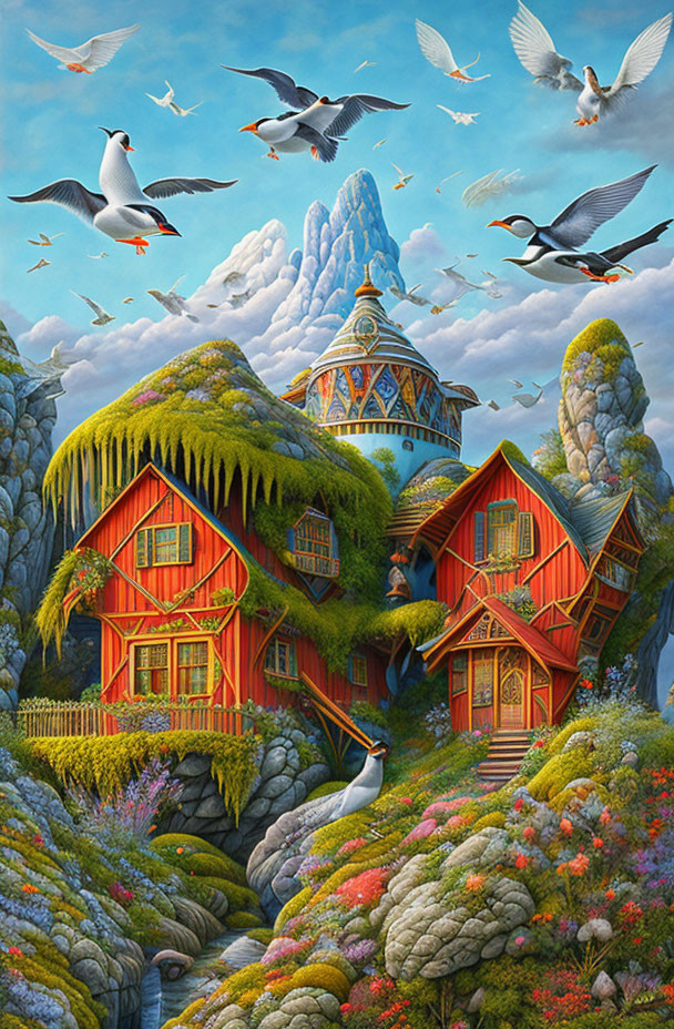 Colorful illustration of moss-covered cottages on flower-speckled cliffs with cloudy sky and seabird