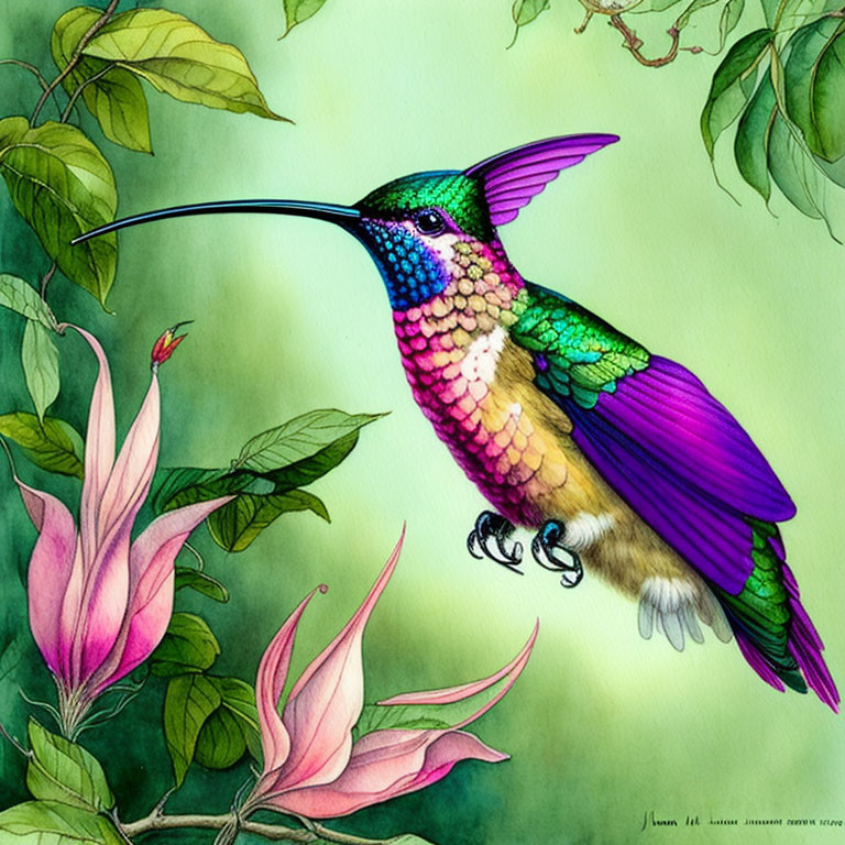 Vibrant hummingbird illustration with iridescent feathers and pink blooms