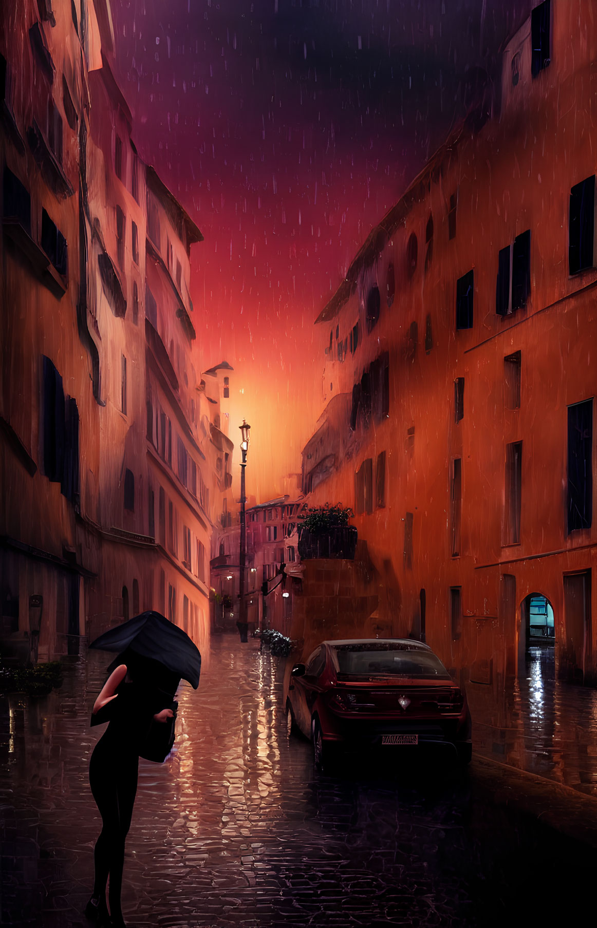 Person with umbrella walking on wet cobblestone street in rain under warm streetlights.