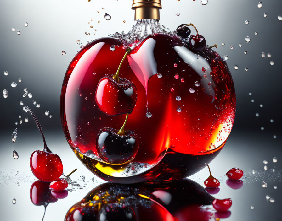Cherry-shaped liquid bottle with splashing water droplets on glossy surface