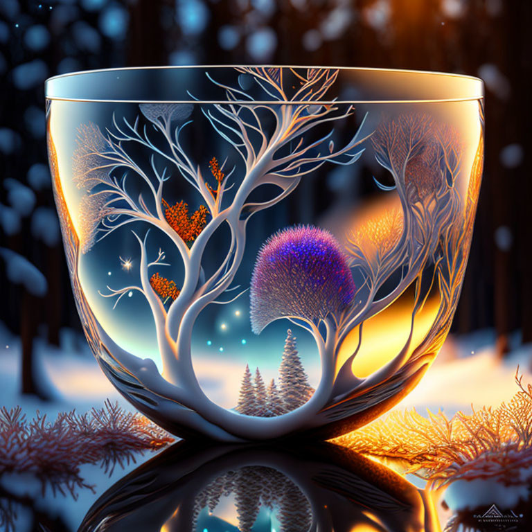 Intricately etched glass bowl with woodland scene in snowy twilight