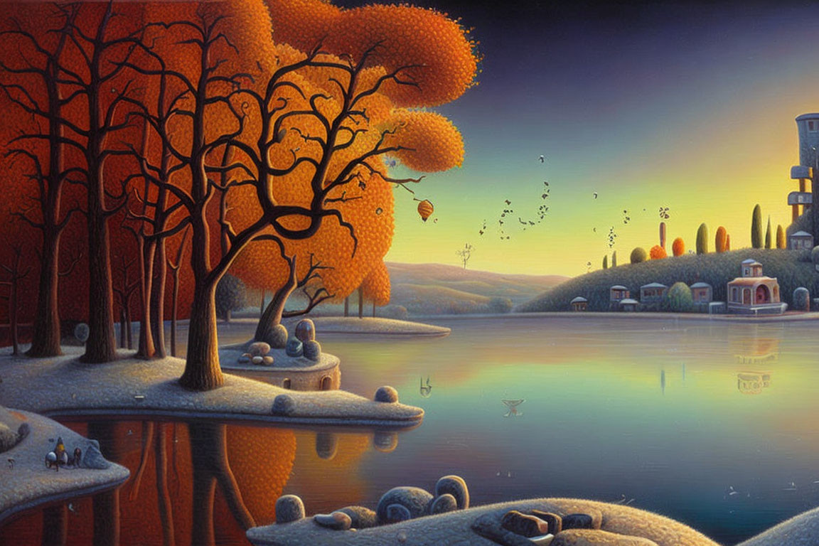 Vivid Autumn Landscape with Orange Trees, Blue Lake, and Whimsical Architecture