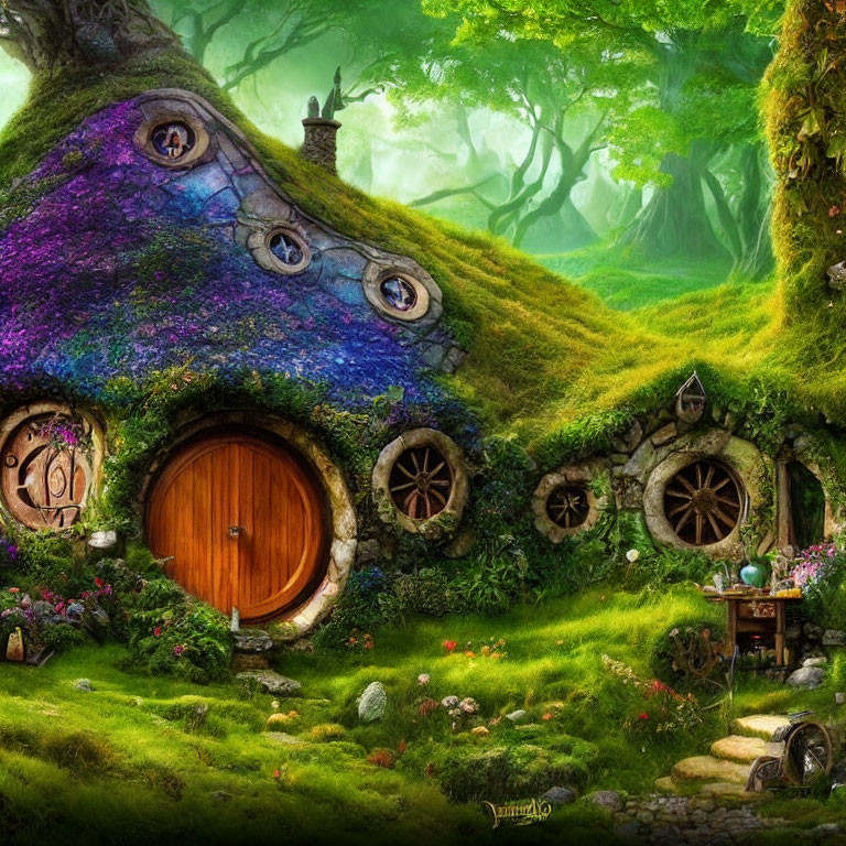 Fantasy cottage with round door in lush green forest