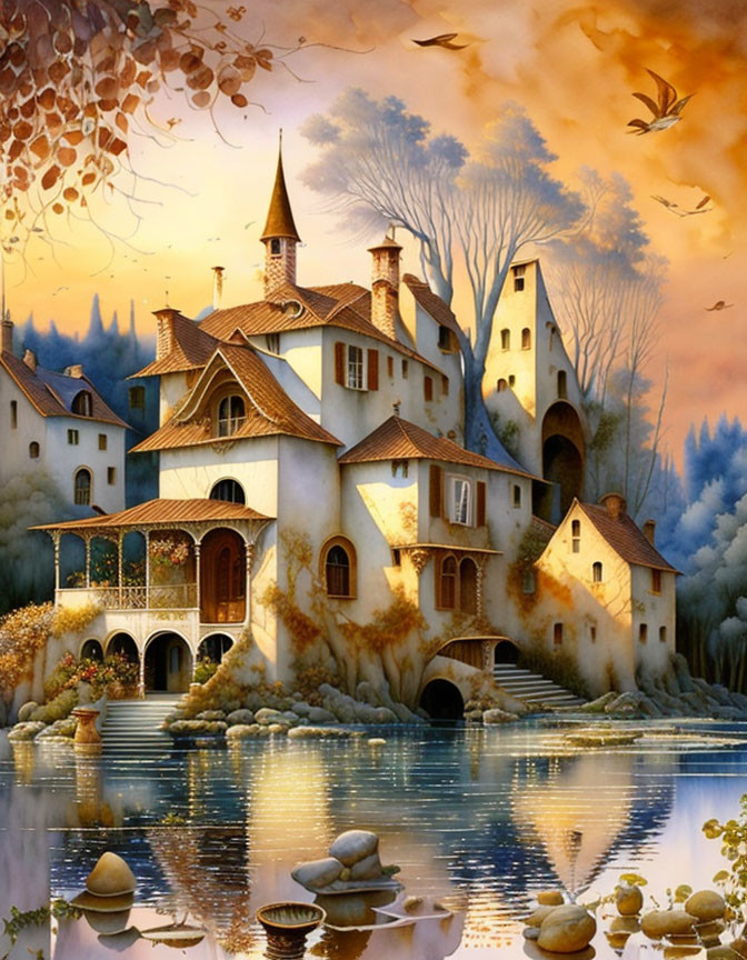 Tranquil lakeside village painting with autumn foliage and birds