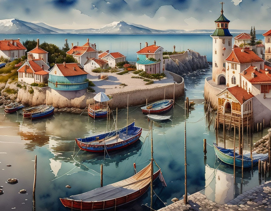 Coastal village with lighthouse, boats, traditional houses, and mountains in serene setting