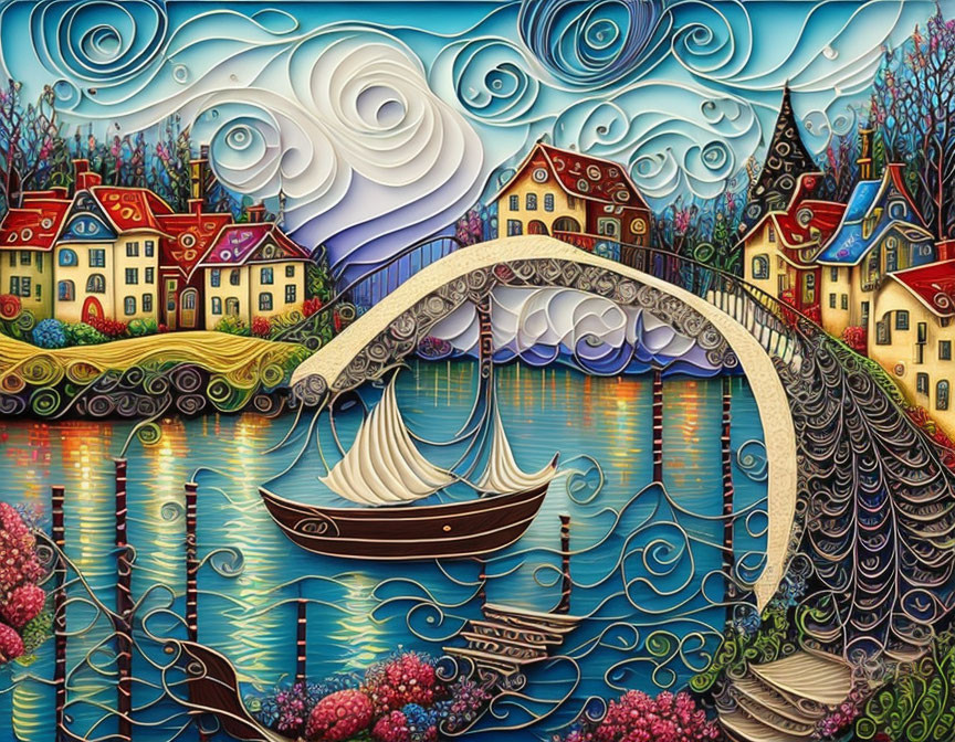 Vibrant painting of arched bridge, sailboat, whimsical houses, and swirling sky