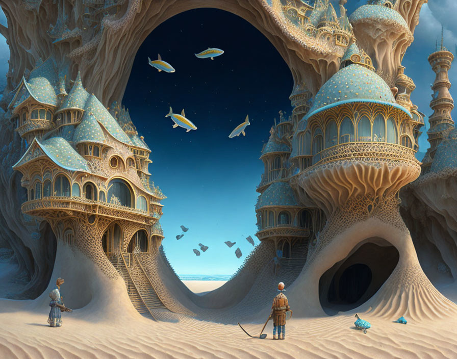 Fantastical landscape with castle-like structures, floating books, and flying fish under clear blue sky.