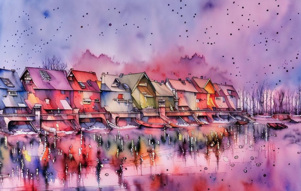 Vibrant row houses in watercolor painting with reflections and speckled sky