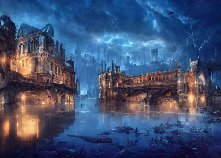 Fantasy cityscape with ancient ruins, bridge, and stormy sky
