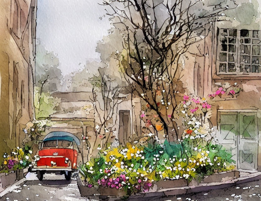 Charming street scene with red vintage car and blooming flowerbeds