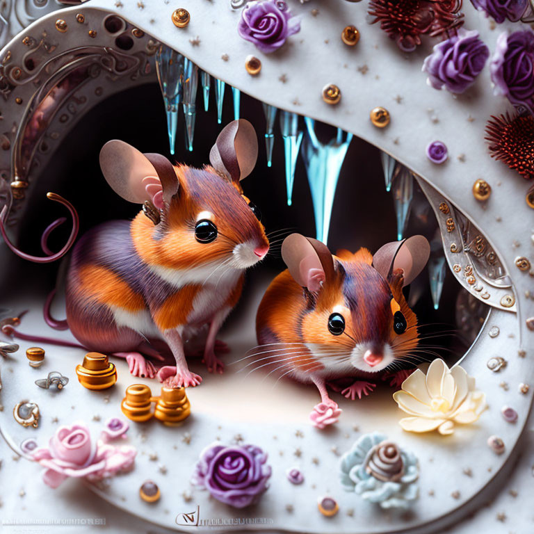 Colorful Stylized Mice Surrounded by Flowers and Crystals