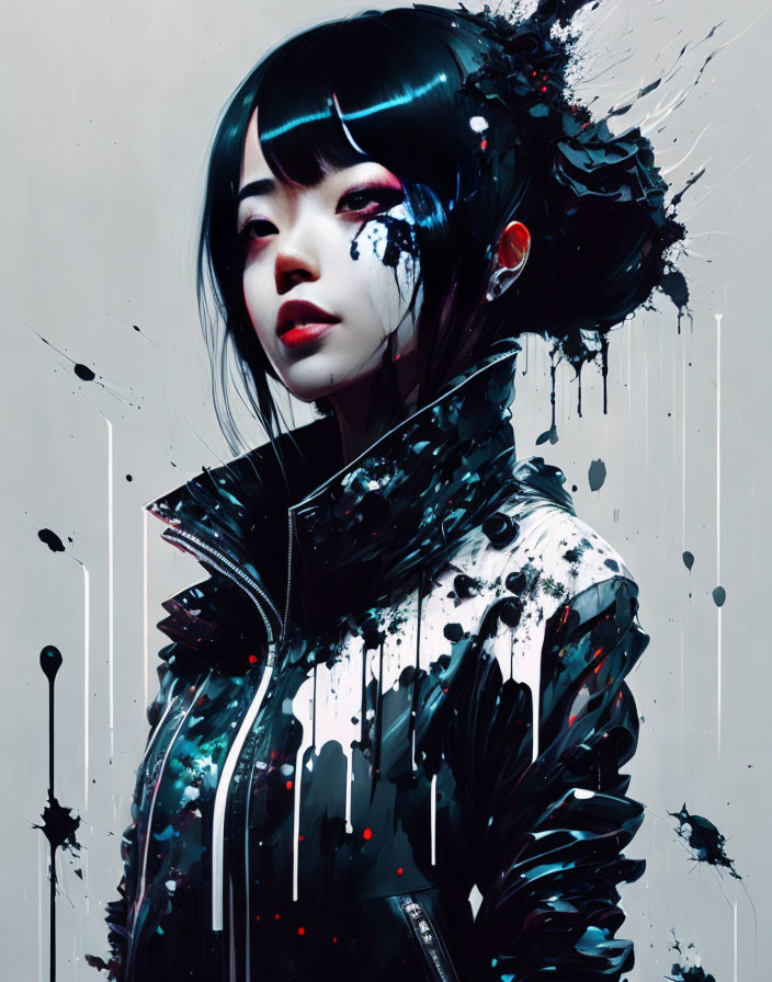 Stylized digital artwork of woman with black hair splattered with dynamic black and red ink