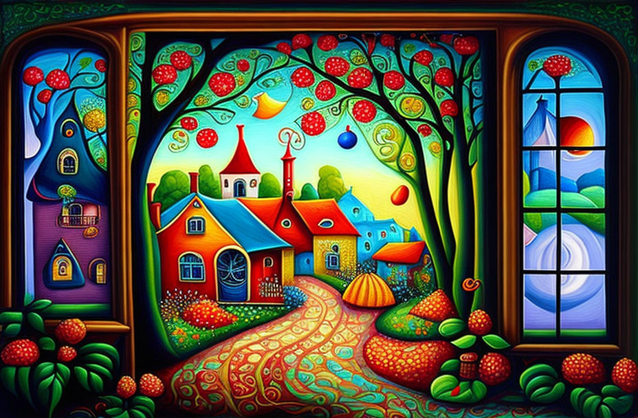 Vibrant village painting with stylized houses and red fruit trees
