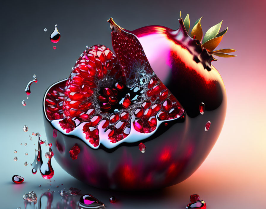 Stylized pomegranate with splashing juice and seeds on gradient background