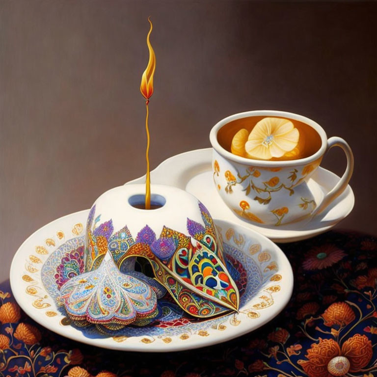 Surreal image of paisley object, flame, tea cup on ornate tablecloth