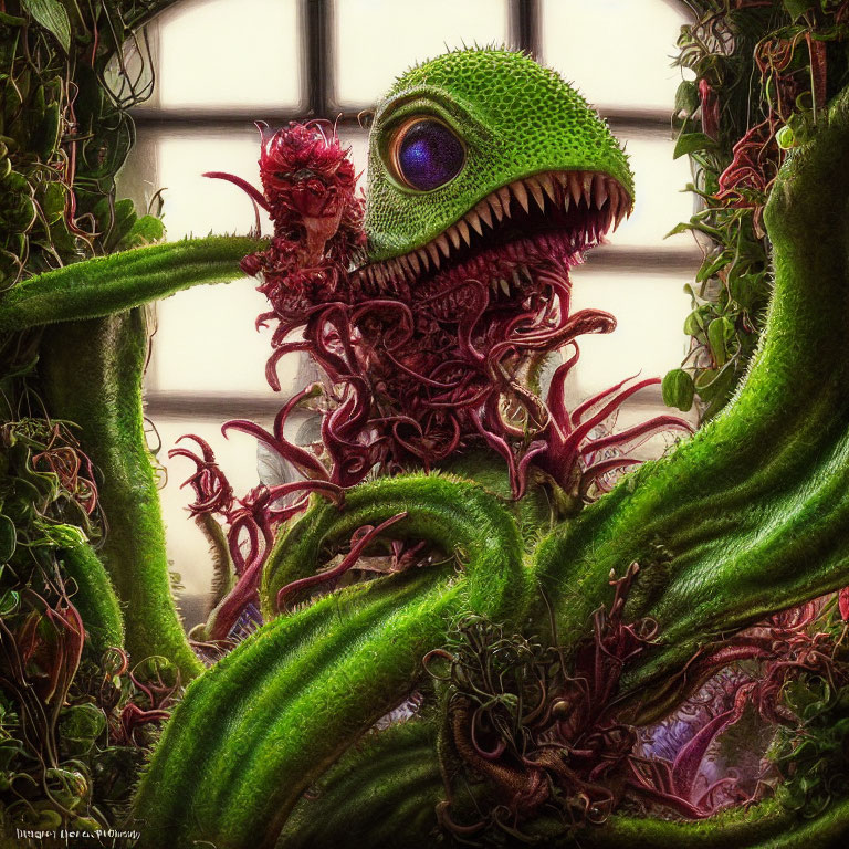 Green one-eyed plant creature with tentacles and red appendages on windowpane.