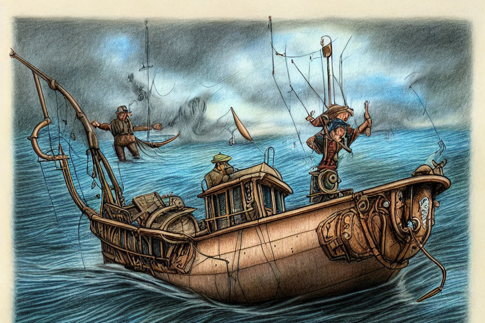 Illustration of seafarers in a steampunk boat with alchemical bottles.