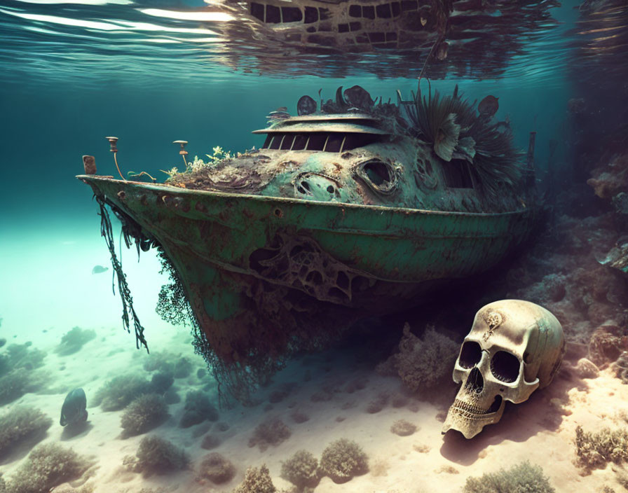 Sunken boat with marine growth and human skull in eerie shipwreck scene