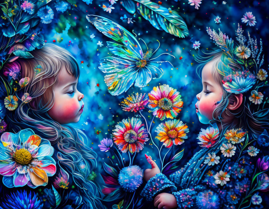 Children with floral and butterfly motifs in vibrant, whimsical scene