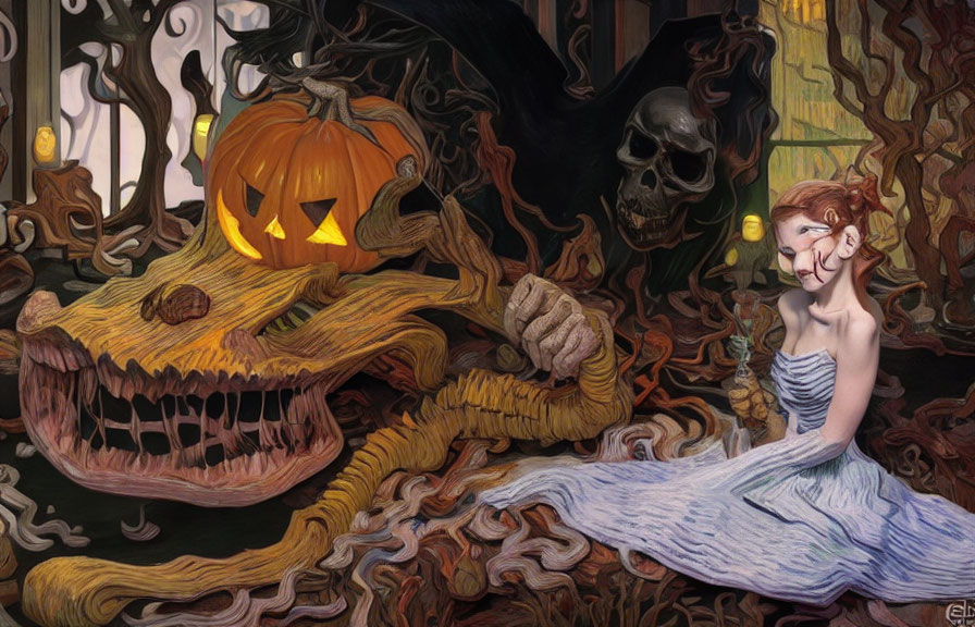 Dark Halloween-themed illustration with woman, jack-o'-lantern, skull, and eerie vines.