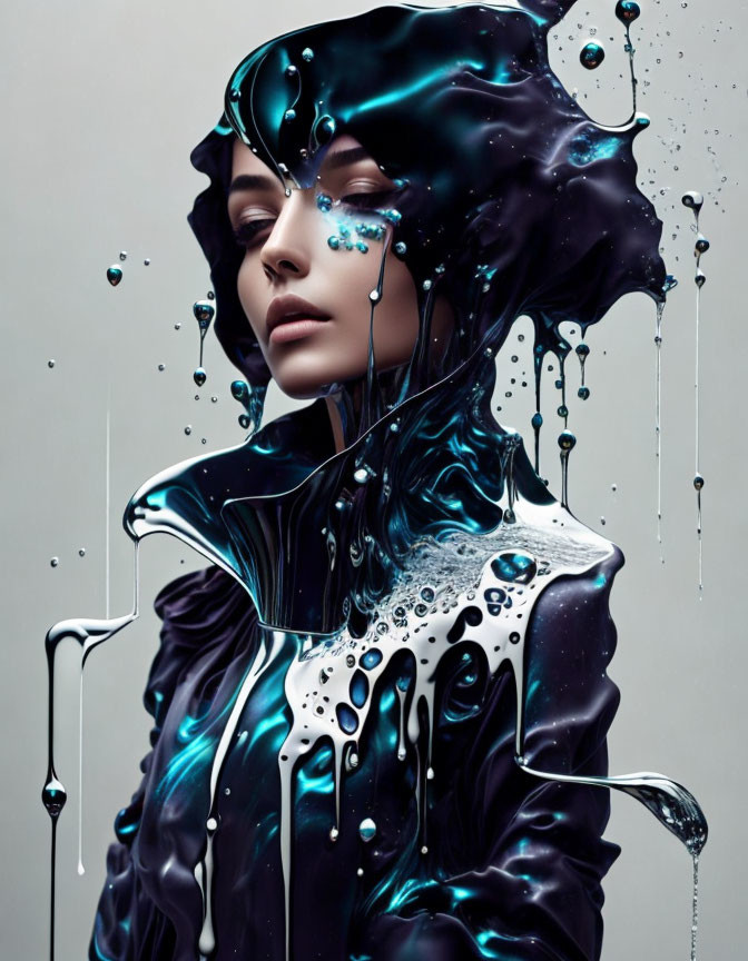 Surreal woman in black and blue liquid cloak with jeweled face details