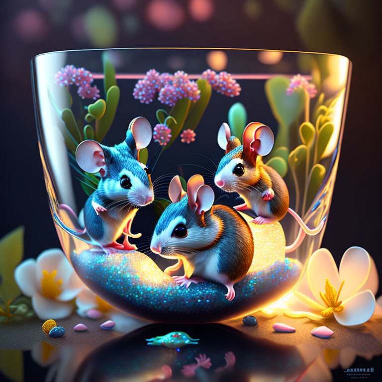 Colorful Mice in Transparent Bowl with Blue Light and Flowers