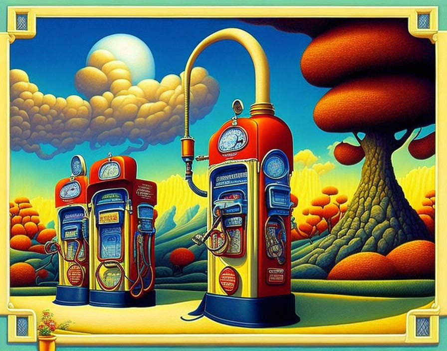 Colorful surreal landscape with retro gasoline pumps and stylized trees.