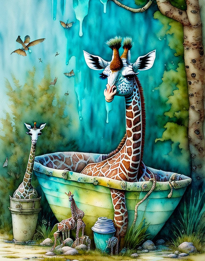 Illustration of tall giraffe bathing outdoors with shower cap and smaller giraffes in nature