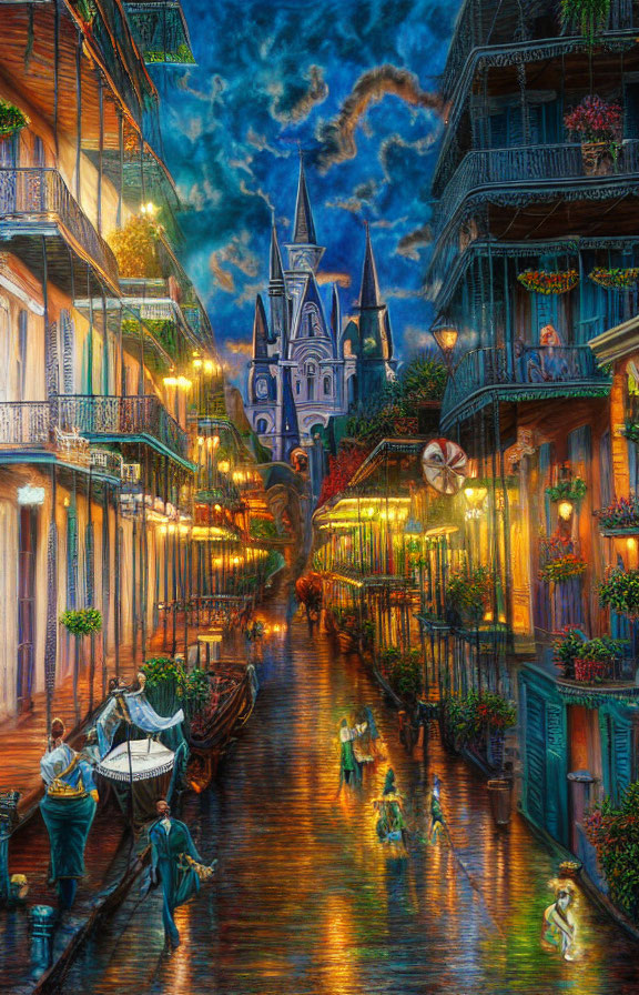 Colorful painting of New Orleans street at dusk with cathedral, strolling people, and plant-adorn