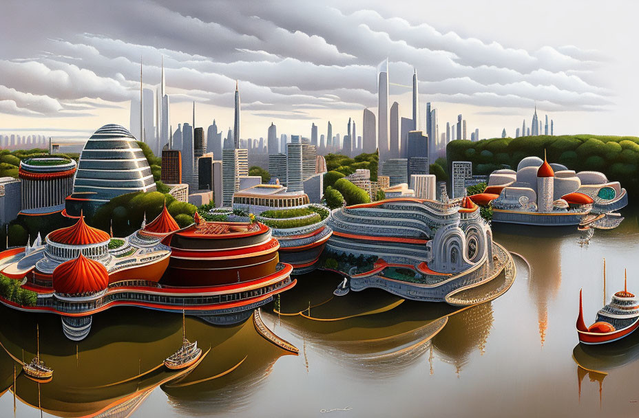 Detailed Futuristic Cityscape with Stylized Buildings and Lush Greenery