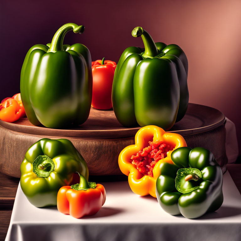 Colorful Fresh Bell Peppers Arranged on Wooden Surface