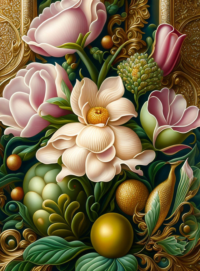 Detailed Floral Illustration with Pink, Yellow Flowers & Gold Accents