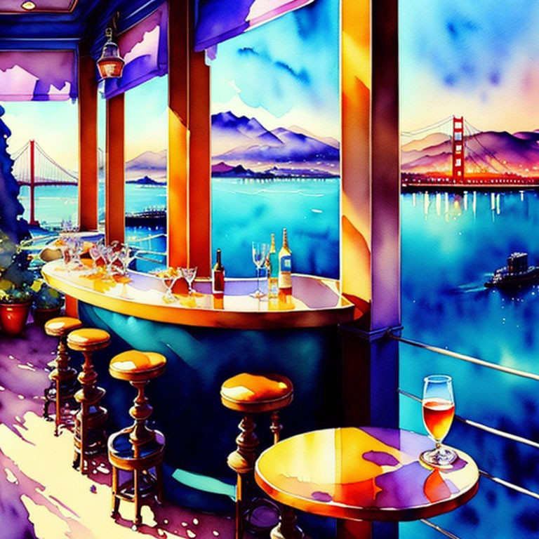 Colorful Watercolor Illustration of Cozy Bar Overlooking Scenic Bay at Twilight
