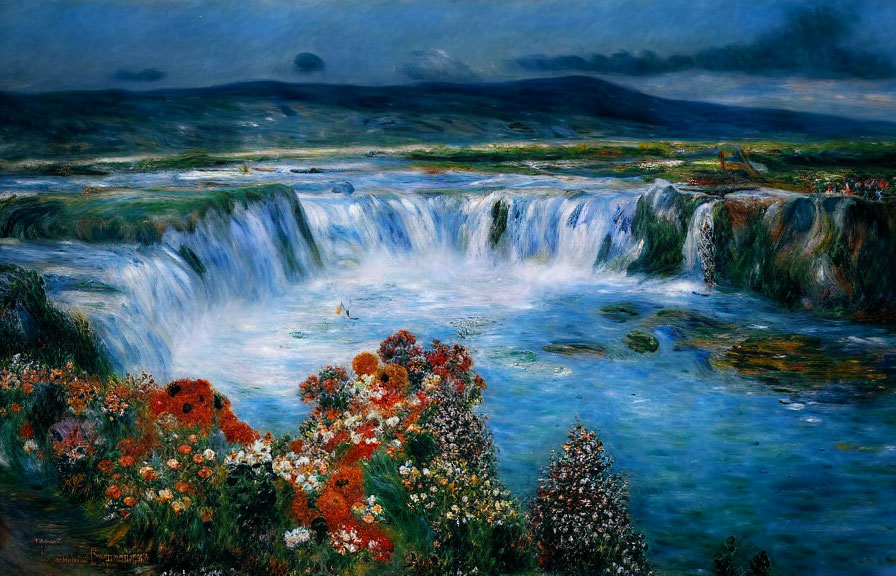 Scenic waterfall painting with vibrant flowers and verdant landscape