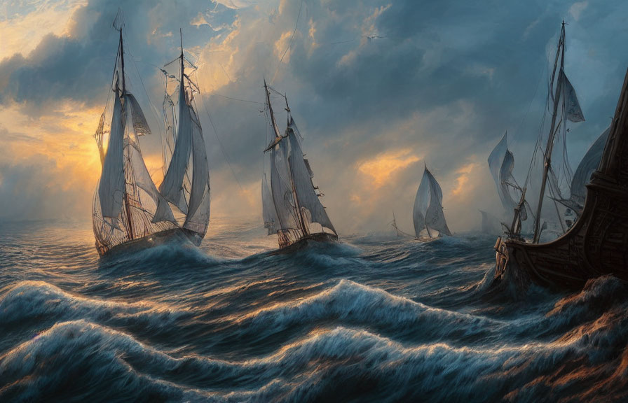 Dramatic sky over tall ships on turbulent seas
