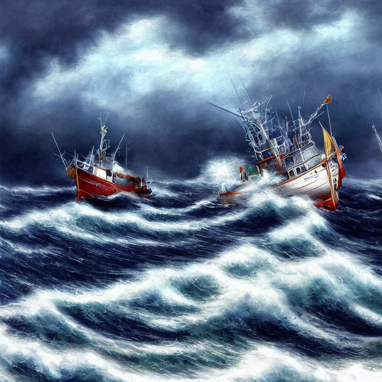 Fishing boats in stormy ocean with dark skies