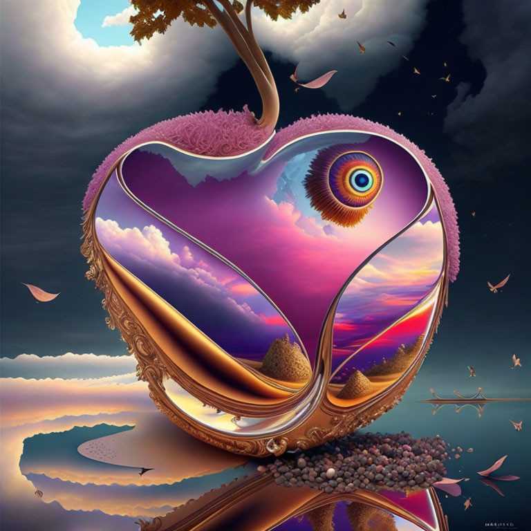 Surreal artwork of twisted apple heart in vibrant landscape