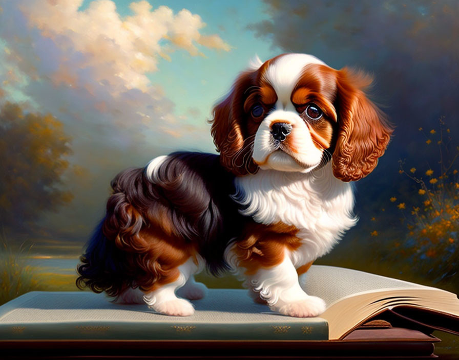 Cavalier King Charles Spaniel Puppy on Open Book Outdoors