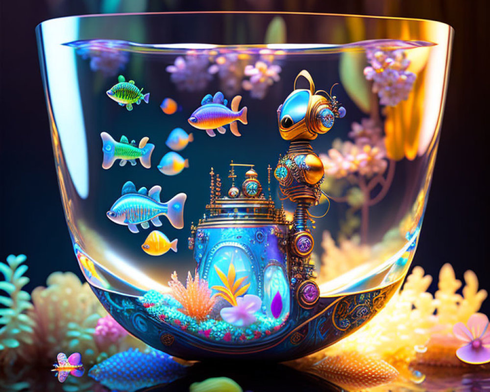Colorful Fishbowl Illustration with Fantastical Fish and Underwater Structures