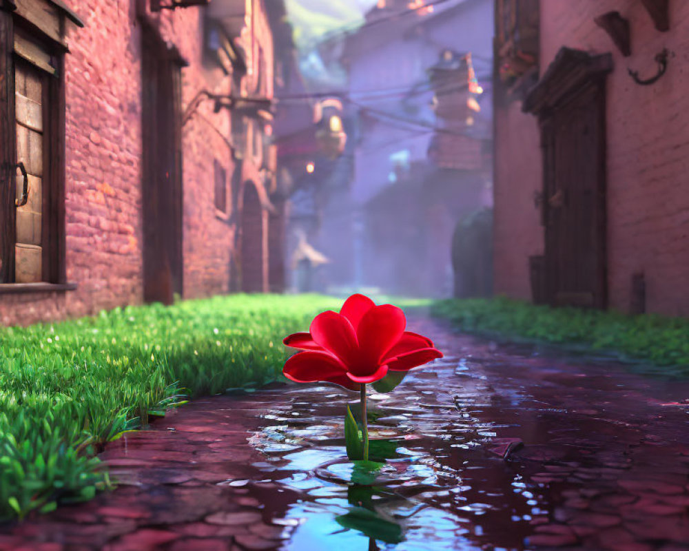Vibrant red flower in cobblestone alley with traditional buildings